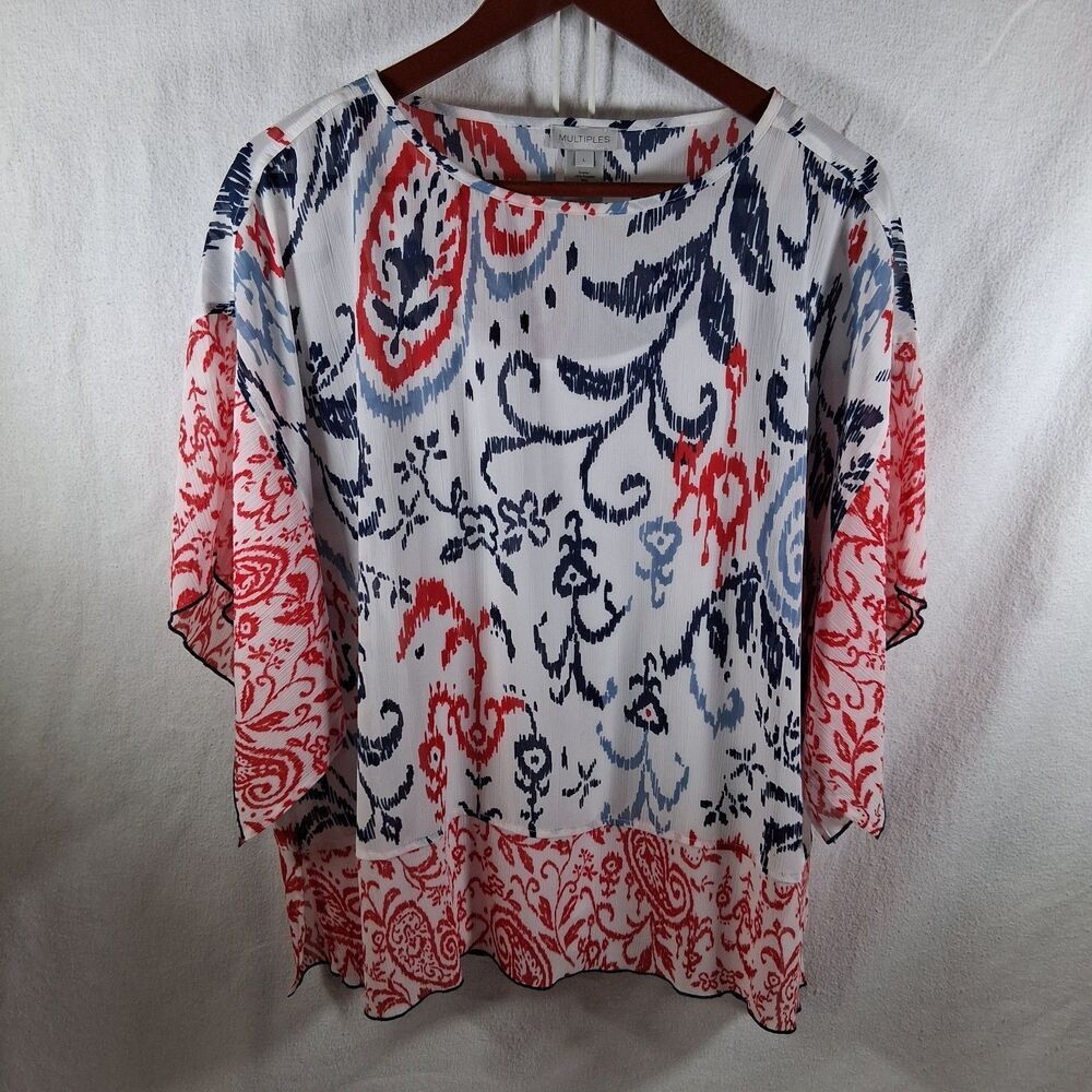 Multiples Large Chiffon Red Blue Ikat Paisley Flutter Sleeve Tank Set Boho